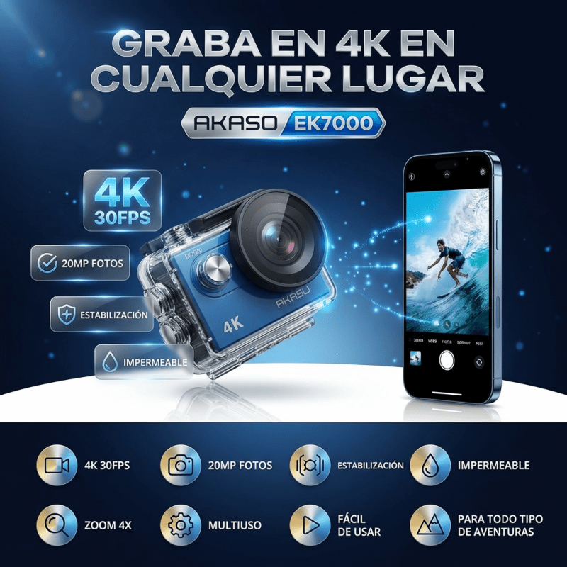 AKASO EK7000 – Cámara de Acción 4K Sumergible - Inversiones Alkosto