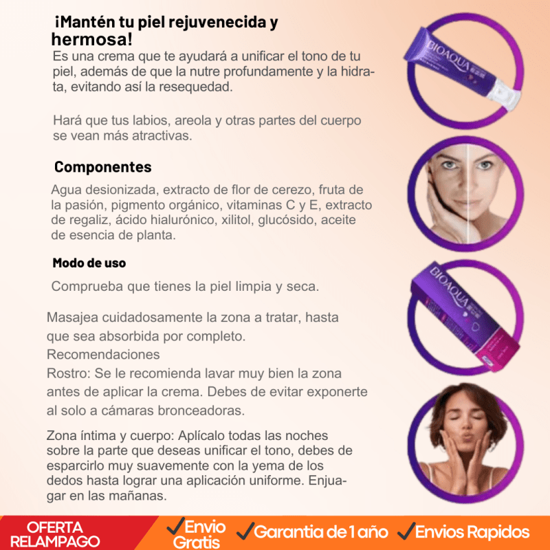 BIOAQUA ORIGINA MAS GARANTIA Crema Aclarante Coreana con Colágeno para Zonas Íntimas, Axilas Labios y Todo el Cuerpo - Tiendu Honduras