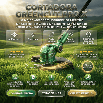 GreenCut Pro™ – Cortadora Eléctrica de Césped Inalámbrica Certificada +2 BATERIAS ALTA DURACIÓN 🛡️ Garantía Incluida · Seguridad Certificada - Inversiones Alkosto