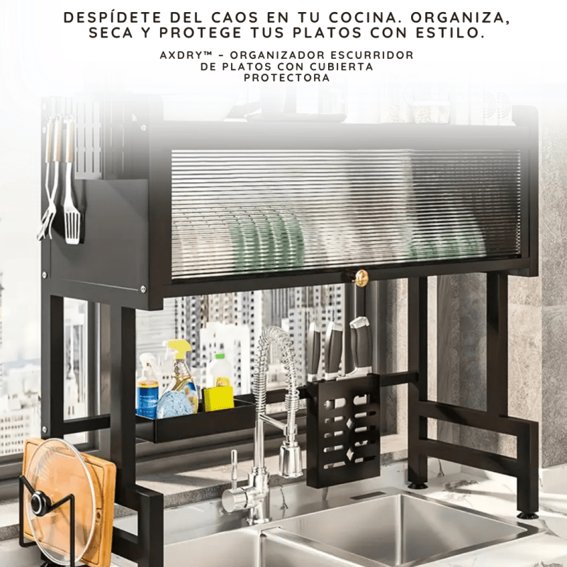 🧼 MaxDry™ – Organizador Escurridor de Platos Mediano (65 cm) con Puerta Antipolvo + Bandeja Antigoteo - Tiendu Honduras