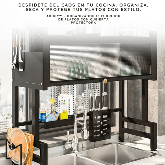 🧼 MaxDry™ – Organizador Escurridor de Platos Mediano (65 cm) con Puerta Antipolvo + Bandeja Antigoteo - Tiendu Honduras