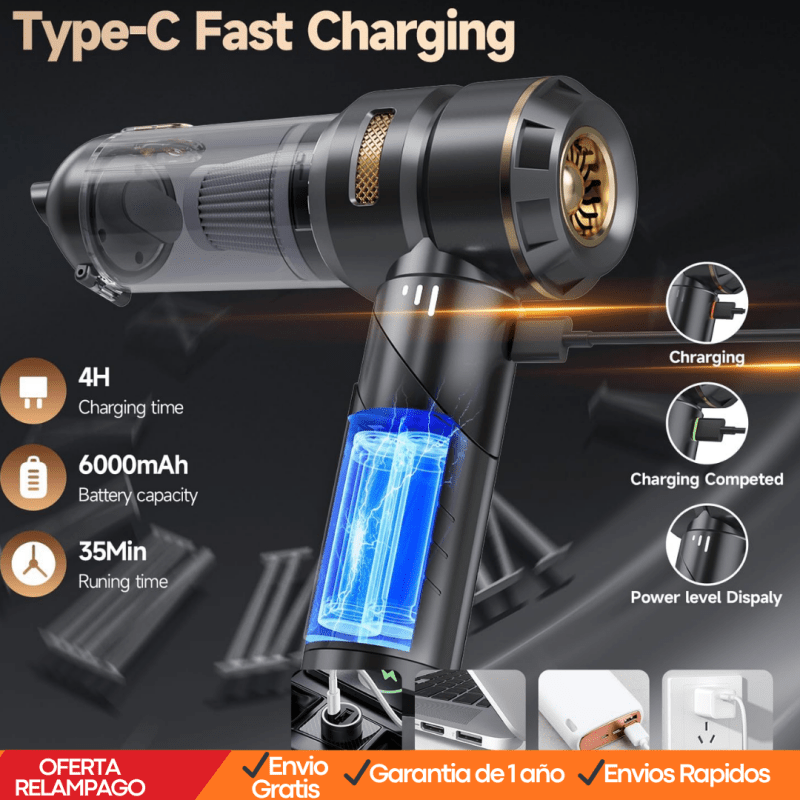 Mini Aspiradora Portátil Recargable para Auto y Hogar (Potencia TurboClean 9000 Pa) - Tiendu Honduras